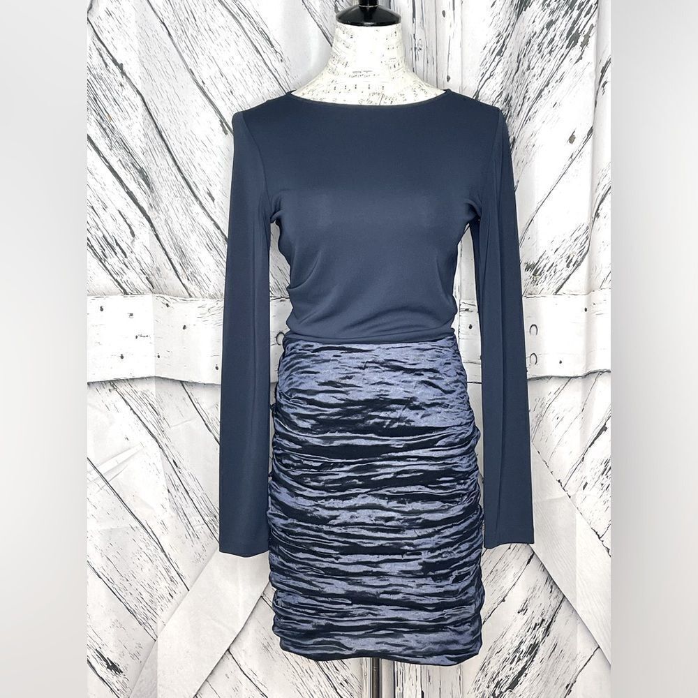 NICOLE MILLER Long Sleeve Dress w/Ruched Metallic Skirt Sheer Back Navy Sz. 8